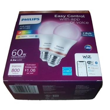 Imagem de Philips Pacote com 2 lâmpadas inteligentes Wiz Connected, A19, LED, Wi-Fi, cor total, 800 lúmens, regulável, equivalente a 60 W