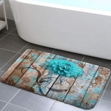 Imagem de Tapete de banho de flores florais de fazenda, dália azul-petróleo em tábua de madeira rústica campestre madeira turquesa azul flanela antiderrapante capacho macio entrada exterior interior tapete de