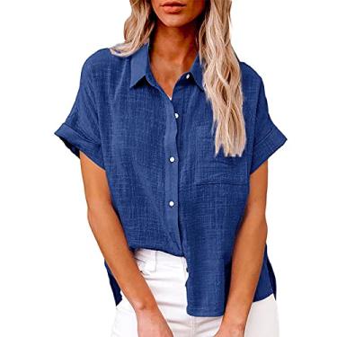 Imagem de Camiseta feminina de linho de manga curta com bolso, gola V, botões, cor sólida, caimento solto, túnica de verão, Azul escuro, M