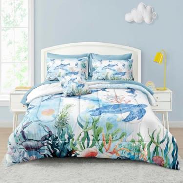Imagem de Jogo de cama com tema oceano, praia, golfinho, tartaruga, peixe, cavalo, mar, tartaruga, estampa de animal, litoral, cama queen size em um saco, conjunto de cama de 8 peças
