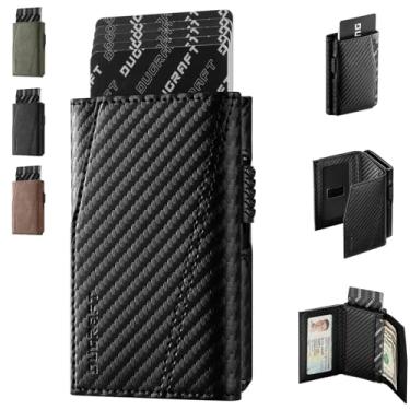 Imagem de DUGRAFT Carteira com porta-cartões com janela para identidade, carteira masculina de couro com bloqueio de RFID, carteira minimalista de alumínio para cartão de crédito com compartimento para notas, Cf Preto, Minimalista