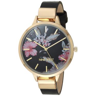 Imagem de Nine West Relógio feminino com mostrador floral e pulseira lisa, Preto/dourado, NW/2044FLBK