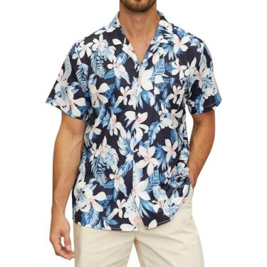 Imagem de Hardaddy Camisa masculina havaiana folha de palmeira tropical floral camisa manga curta abotoada verão praia acampamento gola, Floral azul-escuro e branco, P