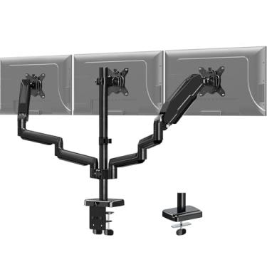Imagem de MOUNT PRO Suporte de mesa para monitor triplo – Braço articulado para monitor de mola a gás, removível com braçadeira e base de ilhós – Serve para monitores de computador LCD de 13 a 27 polegadas, VESA 75x75, 100x100