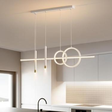 Imagem de Lustre linear branco moderno LED luz pendente de faixa longa com controle remoto regulável spot light nórdico minimalista dourado lâmpada suspensa de teto para mesa de jantar quarto restaura