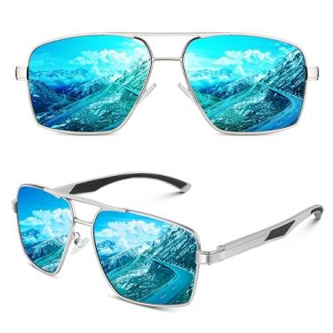 Imagem de WEAROYO Óculos de sol piloto de liga Al-Mg Premium para homens e mulheres polarizados, estilo militar, proteção UV400 para dirigir e pescar, Armação quadrada prateada/lente azul gelo espelhada