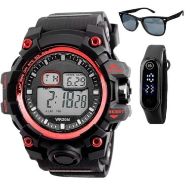 Imagem de Relogio digital prova dagua + caixa + oculos proteção uv presente original vemelho alarme