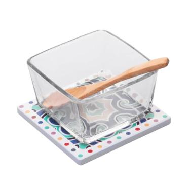 Imagem de WOLFF - Conjunto 3 Peças Petisqueira de Vidro com Colher de Bambu e Suporte Ladrilho 12x10x6,5cm