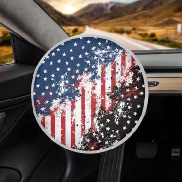 Imagem de TSVAGA Capa de volante, proteção solar universal, anticalor, folha de alumínio, protetor interno, bloco de design da bandeira dos EUA, raios UV frescos no verão, universal para carros, caminhões, SUV,