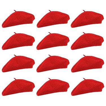 Imagem de PODALOA 12 boinas para mulheres, chapéus de boina francesa de lã para mulheres, fantasias de artista, pintor, bonés estilo cor sólida, Vermelho, tamanho �nico
