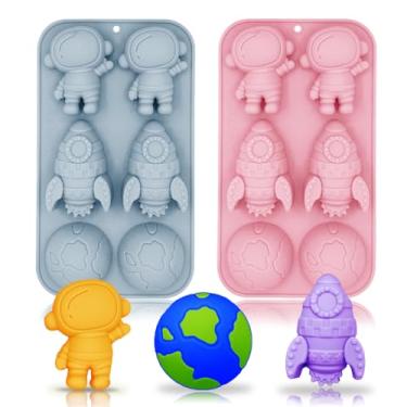 Imagem de Pacote com 2 moldes de silicone astronauta Rocket Planet Molde de silicone, bandeja de cozimento com tema espacial de 6 cavidades, ferramenta DIY para chá de bebê, festa de aniversário, bolo de