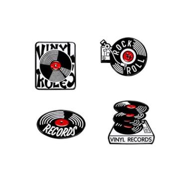 Imagem de 4 pçs/conjunto de broches de disco de vinil punk gramofone broche de fitas pretas para amantes de música e emblemas de festas temáticas vintage, Metal, Sem pedras preciosas