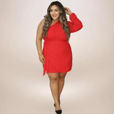 Imagem de Vestido Curto Vermelho Plus Size Envelope Natal Mula Manca Manga Bufan