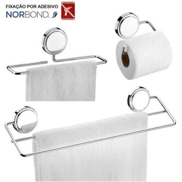 Imagem de Kit Toalheiro Duplo Porta Toalha Rosto Suporte Papel Higiênico Adesivo