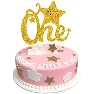 Imagem de Topo de bolo Twinkle Twinkle Little Star One - Topo de bolo dourado com glitter estrela feliz primeiro aniversário - Topo de bolo Little Star Party