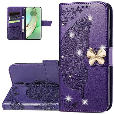 Imagem de Dinglijia Capa carteira para Motorola Edge 40, capa de couro PU padrão borboleta com fecho magnético e slots de cartão de dinheiro para Moto Edge 40, strass roxo