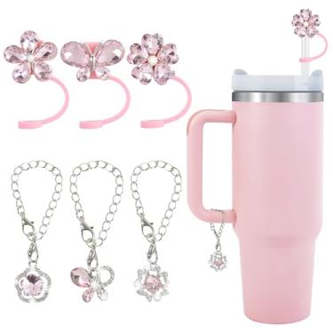 Imagem de Odiwellan Capas de palha de flor de cristal rosa e topos de borboleta para acessórios Stanley Cup, pingentes de corrente combinando para copos de 850 g e 1,134 g com alças, tampas de palha de silicone