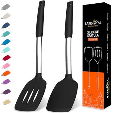 Imagem de BakeRoyal Conjunto de espátulas de silicone – Espátulas de silicone resistentes ao calor 315 °C – Espátula com fenda e sólida para cozinhar peixe, ovos, panquecas – Espátulas para uso na cozinha