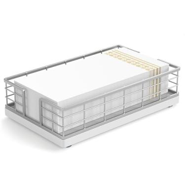 Imagem de Wican Suporte de toalha de hóspede bandeja para banheiro, suporte de guardanapos de carvalho e ferro para lavabo mesa de jantar cesta de madeira para toalhas de mão de papel descartáveis prateadas e