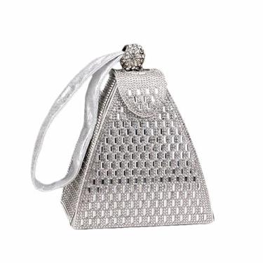 Imagem de Anopo Pequena bolsa de mão feminina com strass brilhante triângulo para noite bolsa de pulso, Prata, Small