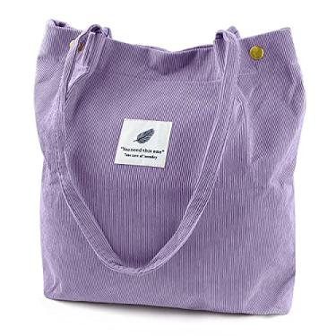 Imagem de Ayieyill Bolsa feminina de veludo cotelê de lona com cordão de ombro com bolso interno, Roxo, cinza, Large