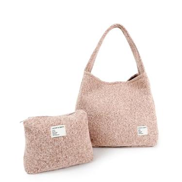 Imagem de CATCHY & CRAFTY Sacola feminina – Bolsa de ginástica Hobo grande de pelúcia para treino, ioga, viagens – lã fofa, Rosa acastanhado, Large