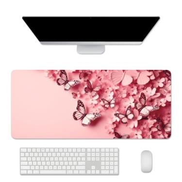 Imagem de Mouse pad rosa para jogos tapete de mouse grande borboleta mouse pad estendido tapete de mesa para teclado e mouse tapete de mouse extra grande tapete de mesa antiderrapante para escritório e estudo