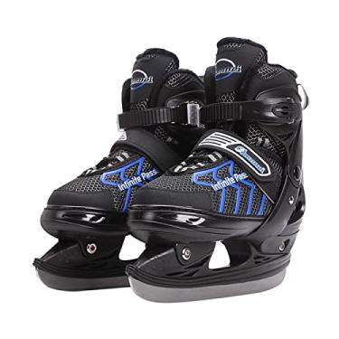 Imagem de Patins de gelo, patins de hóquei para meninos, patins com 4 tamanhos ajustáveis para meninos, meninas, jovens, homens, mulheres e iniciantes (preto azul, 2GG (10-12,5) feminino/(8-11) masculino)