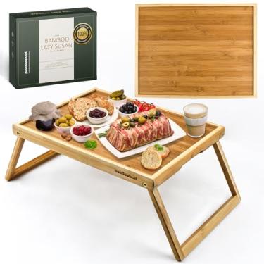 Imagem de Bandeja de cama de madeira com pernas dobráveis - Bandeja de café da manhã 100% de madeira de acácia - Bandeja de mesa dobrável para comer e laptop - Mesa de cama grande - Mesa dobrável para laptop