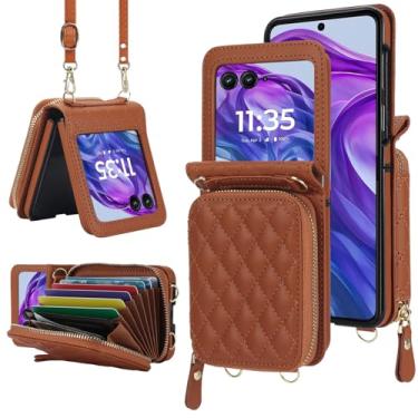 Imagem de YQODSZ Capa carteira para Motorola Razr 2024 com alça transversal, [bloqueio RFID] Capa flip de couro premium com zíper e alça flip para Motorola Razr 50 2024 marrom