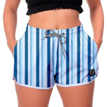 Imagem de Shorts Praia Verão Linhas Verticais Tons Azuis W2 Feminino Caminhada T