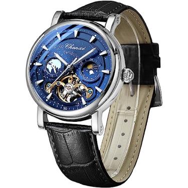 Imagem de FORSINING Relógio masculino luminoso céu estrelado com turbilhão da fase da lua, relógios modernos automáticos mecânicos, relógio de pulso com cinto de couro com caixa de aço inoxidável, Prateado,