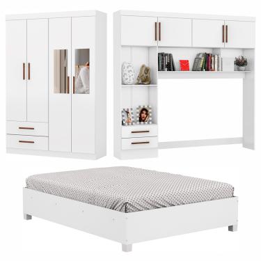Imagem de Guarda-Roupa Casal Modulado 4 Portas com Cama Hercules 4 Portas 4 Gavetas com Espelho - Branco