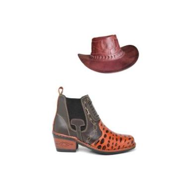 Imagem de Kit Bota Texana Vaquejada + Chapéu Couro Legitimo Botina Country Elast