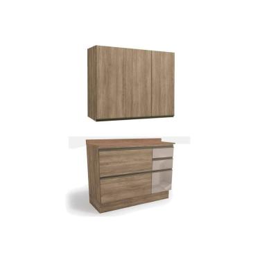 Imagem de Kit de Cozinha Completa 3 Peças Maxxi (1Aéreo+1Balcão+1Complemento) C3P12 Nogal/Nogal - Kappesberg