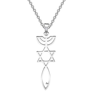 Imagem de BEKECH Joias messiânicas para mulheres, selo messiânico, estrela de Davi, pingente de peixe, joia com tema israelense, presente religioso, Aço inoxidável, /na