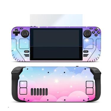 Imagem de Conjunto de adesivos de pele para Steam Deck, capa de decalque para computador portátil de jogos Steam Deck, acessórios de capa de adesivo completo protetor, 1 peça de protetor de tela de vidro HD para Steam Deck incluído (céu rosa roxo)