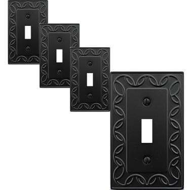 Imagem de OKAWYC Capa de interruptor de luz única NovaBloom placa de parede de metal, pacote com 4, preto, 1 grupo, capa de interruptor de luz, placa de parede decorativa, durável