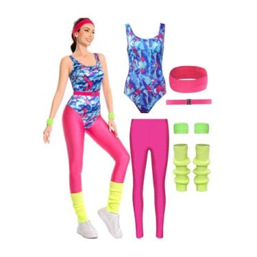 Imagem de COREWO Fantasias femininas de ginástica dos anos 80, collant, calça de ioga, cinto, 6 peças, Vermelho, Small