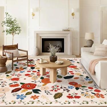 Imagem de U'Artlines Tapete de área floral colorido de 2,4 x 3 m, lavável na máquina, ultra macio, pilha baixa, antiderrapante, antiderrapante para sala de estar, quarto, sala de jantar, escritório (bege)