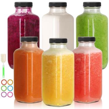 Imagem de CAKKVDE Garrafas de vidro de 473 ml com tampas pretas, 6 unidades, reutilizáveis, para leite, suco e bebidas, quadradas com vedação eficiente
