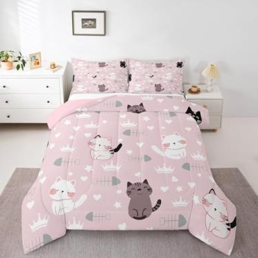 Imagem de Feelyou Conjunto de cama solteiro com desenho animado de gatinho fofo, para crianças, meninos, meninas, estampa de gatos, conjunto de edredom de animais, presente para amantes de gatos, conjunto de