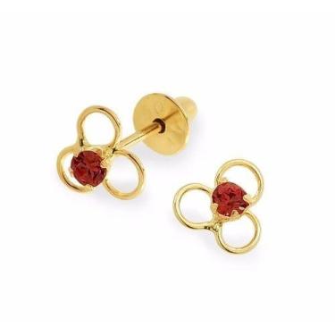 Imagem de Brincos De Ouro 18k Flor Rubi Infantil Recém Nascido Bebê - DR Joias