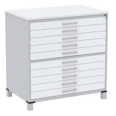 Imagem de Mapoteca 10 Gavetas Pandin 120cm (larg) Inmetro Tampo Mdp Branco Estrutura Aço Cinza Gavetas Brancas
