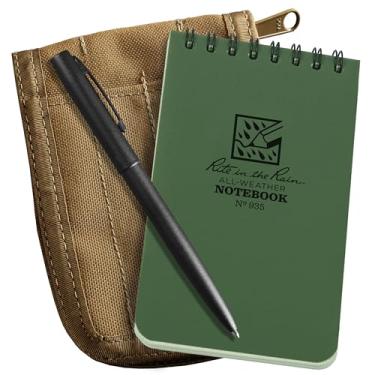 Imagem de Rite in the Rain Kit de caderno espiral superior à prova de intempéries de 7,6 cm x 12,7 cm: capa de tecido Tan CORDURA, caderno verde de 7,6 cm x 12,7 cm e uma caneta à prova de intempéries (nº