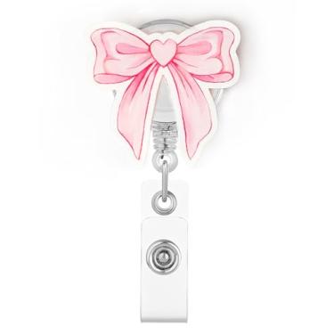 Imagem de Carretel de crachá de laço rosa para crachá de identificação, lindo porta-crachá retrátil acessórios de clipe de jacaré para enfermeira, trabalhadora médica, estudante de enfermagem, professor, RN