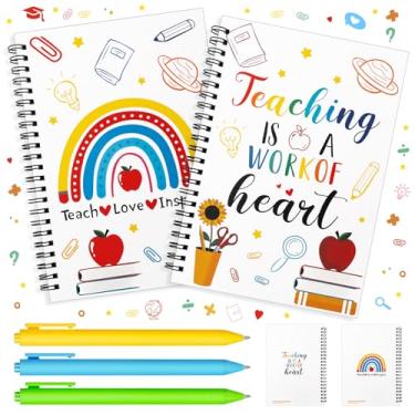 Imagem de Pacote com 2 cadernos espirais para professores, bloco de notas com tema de professor com canetas de 3 pontas, cadernos pautados para material de escritório escolar, presente de agradecimento ao