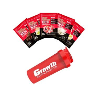 Imagem de Combo - Whey Protein Concentrado 30g em Sachê (5un - Morango, banana, torta de limão, baunilha e brigadeiro) + Coqueteleira 600ml Vermelha - Growth