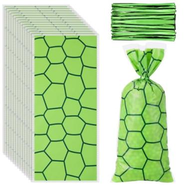 Imagem de Yexiya 100 unidades de sacos de guloseimas de celofane verde tartaruga de plástico doces celofane para lembrancinhas de festa com 150 peças de laços torcidos para decorações de festa de tartaruga de