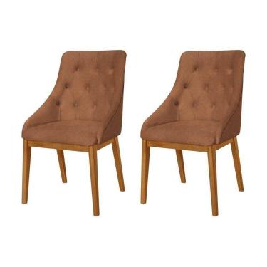 Imagem de Kit 2 Cadeiras De Jantar Luxo Estofada Elisa Anatômica Capitonê Couro Pu Caramelo Base Madeira Maciç